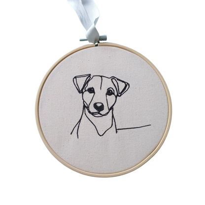 Machine embroidered sketch style Jack Russell mounted in a 6 inch bamboo hoop and would be a great idea for a Dog Lovers Gift.