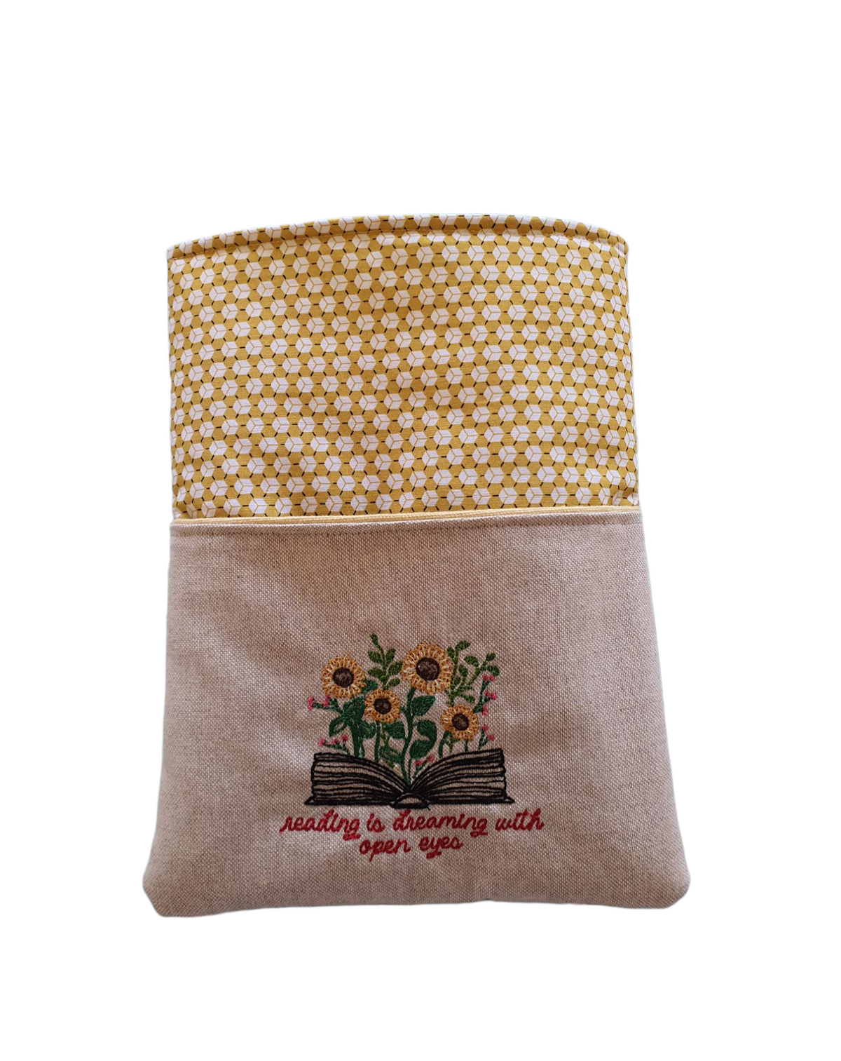 Padded Book Pouch made with geometric yellow patterned fabric with a front pocket which has been embroidered.  A perfect Book Lovers Gift.