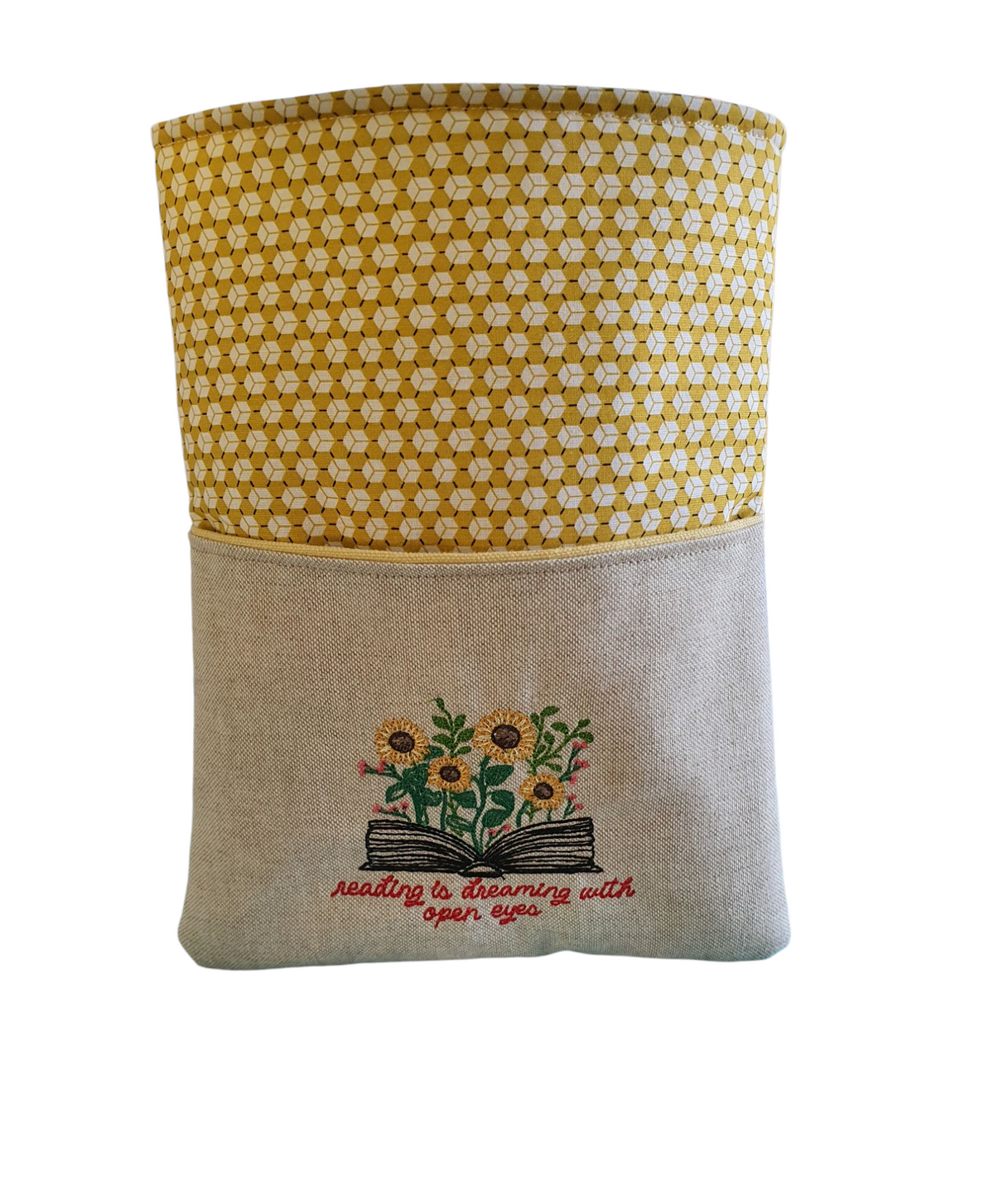 Handmade padded embroidered Book Pouch and would be a perfect book accessory for a Book Lovers Gift.  Keep books safe from wear and tear whilst on the go or treat yourself.