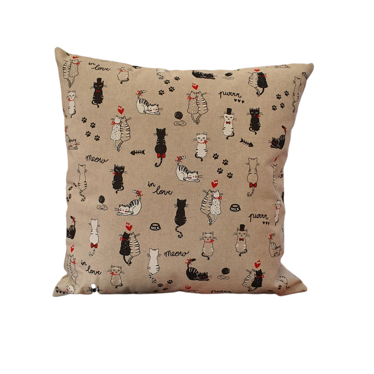 Cute cats in love pattern on linen look fabric, which is 80% cotton and 20%polyester, handmade zipped cushion cover