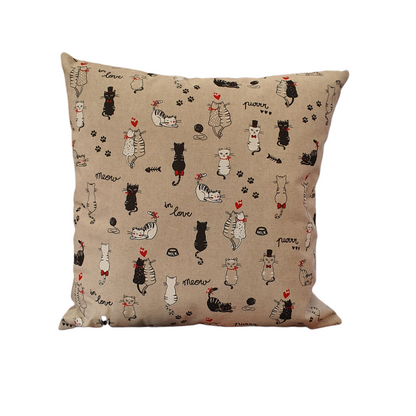 Cute cats in love pattern on linen look fabric, which is 80% cotton and 20%polyester, handmade zipped cushion cover