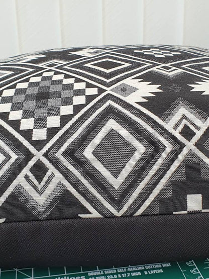 Monochrome Geometric Tapestry - Handmade Black & White Zipped Cushion Cover (18x18)