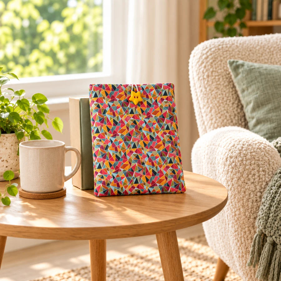 Multicolour geometric book sleeve with a yellow star button on a side table