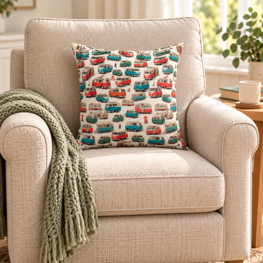 Retro campervan cushion cover styled on a cream armchair