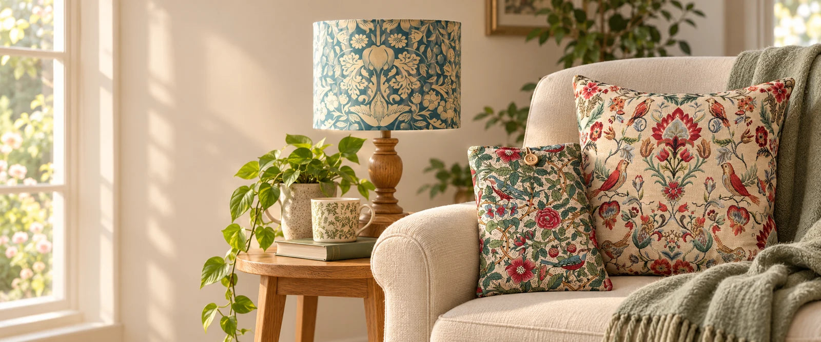 Floral book sleeve, birds and flowers tapestry cushion cover and duck egg blue drum lampshade styled in a reading nook